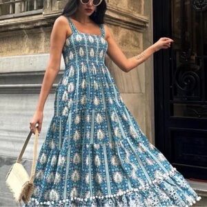ZARA WOMAN LONG PRINTED DRESS STRAPPY RUFFLED HEM BLUE SIZE small, easily fits M